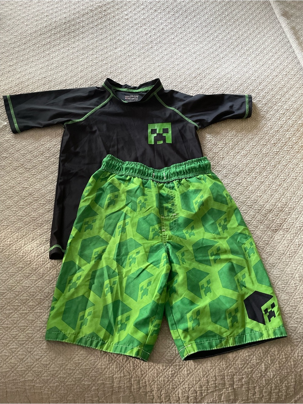 Kids Black & Green Minecraft-Style Rash Guard Swim Set